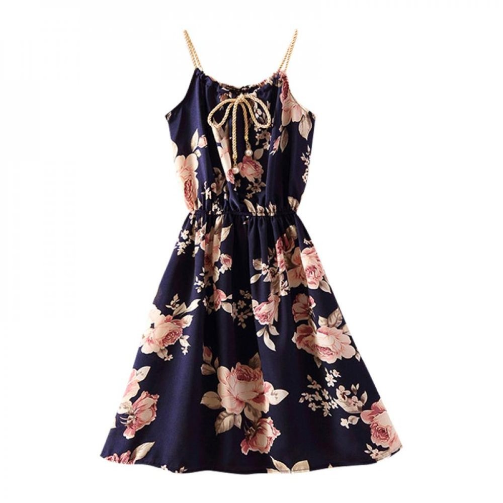 Navy dress with pink flowers and rope detail for straps